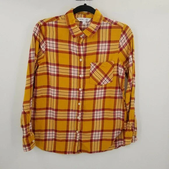 Old navy women medium plaid flannel button up shirt mustard yellow burgundy red - Picture 12 of 12